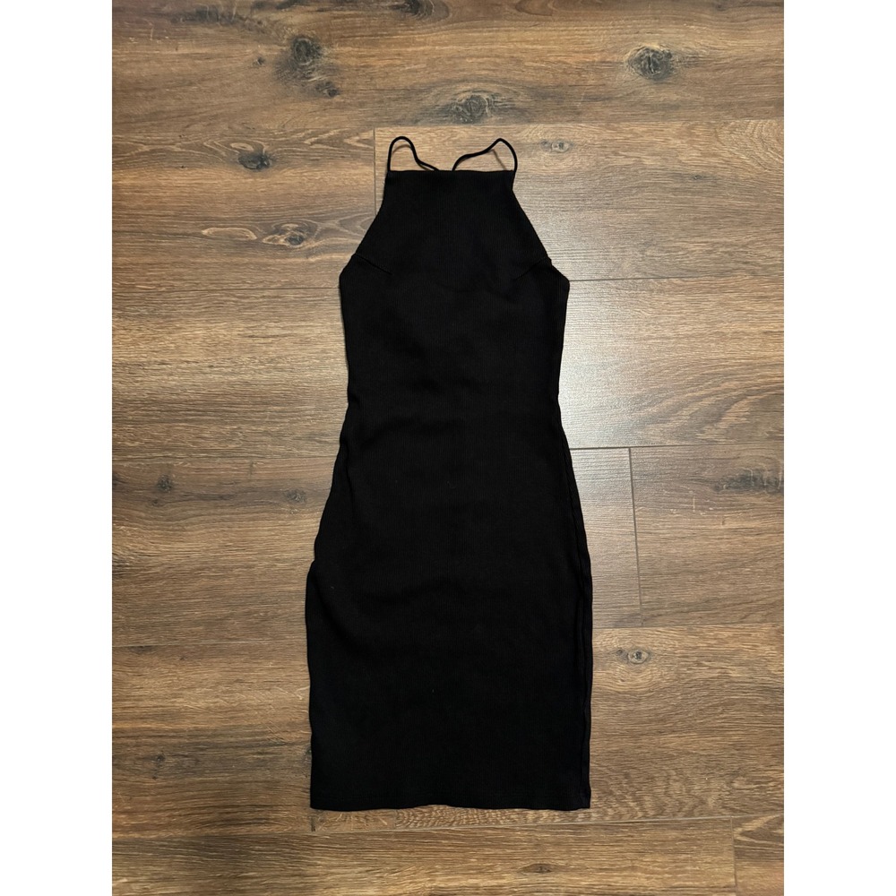 H&M Divided Black Ribbed Halter Bodycon Mini Dress XS Open Back Strappy Cotton